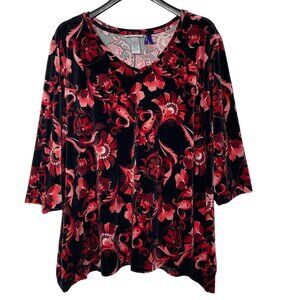 Catherines Dark Floral Velvet Burnout Top Blouse Black Red Sz 3XWP (26/28 WP)